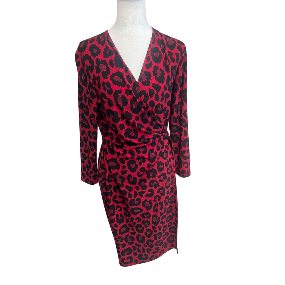 Anne Klein Dress Sz 10 Faux Wrap Red Black Leopard Animal Print Long Sleeve Bold